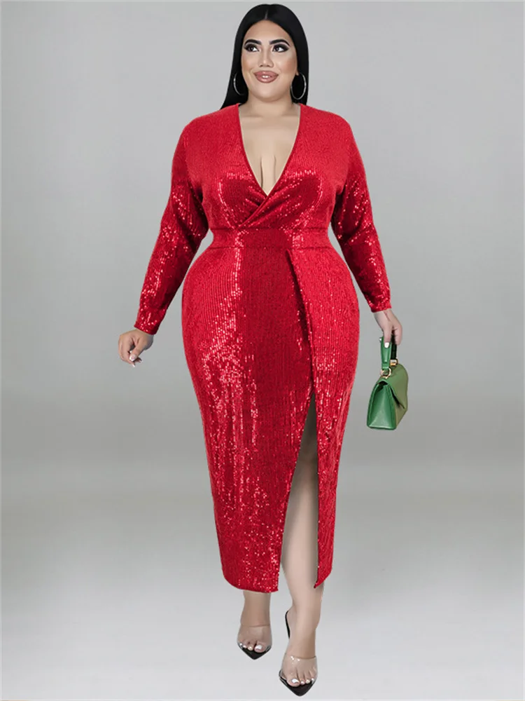 Wmstar Plus Size Women Clothing Sequins Party Dresses Fall V Neck Bodycon Elegant Sexy Evening Midi Dress Wholesale Dropshipping