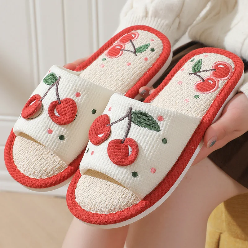

Fashion Soft Ladies Casual Cute Cherry Pattern Comfortable Slip on Linen Home Slippers Bedroom Living Room Shoes for Women