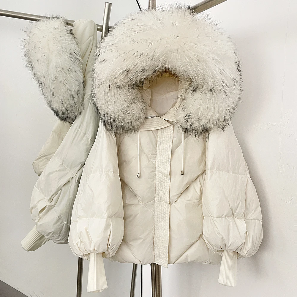 Real Fox Fur Raccoon Fur Collar Down Jacket Loose Women Winter Thick Hooded Duck Down Coat Fur Detachable Streetwear Outerwear