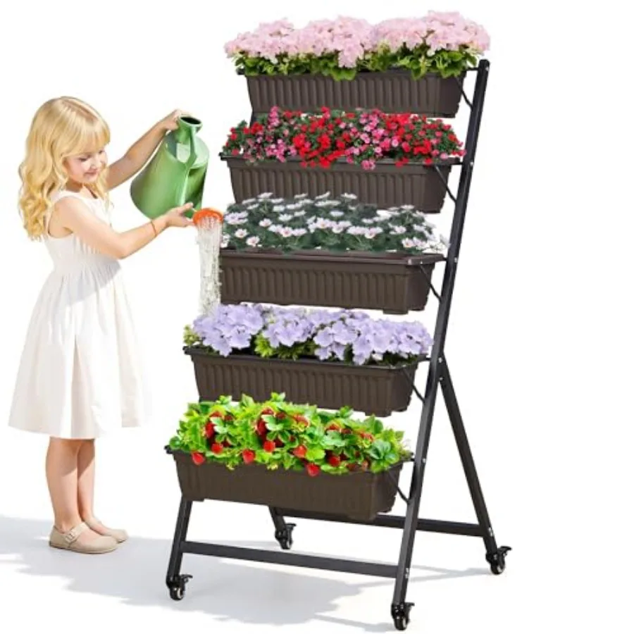 

5-Tier Vertical Garden Bed for outdoor use made of durable cedar wood natural color freestanding with lockable caster wheels an