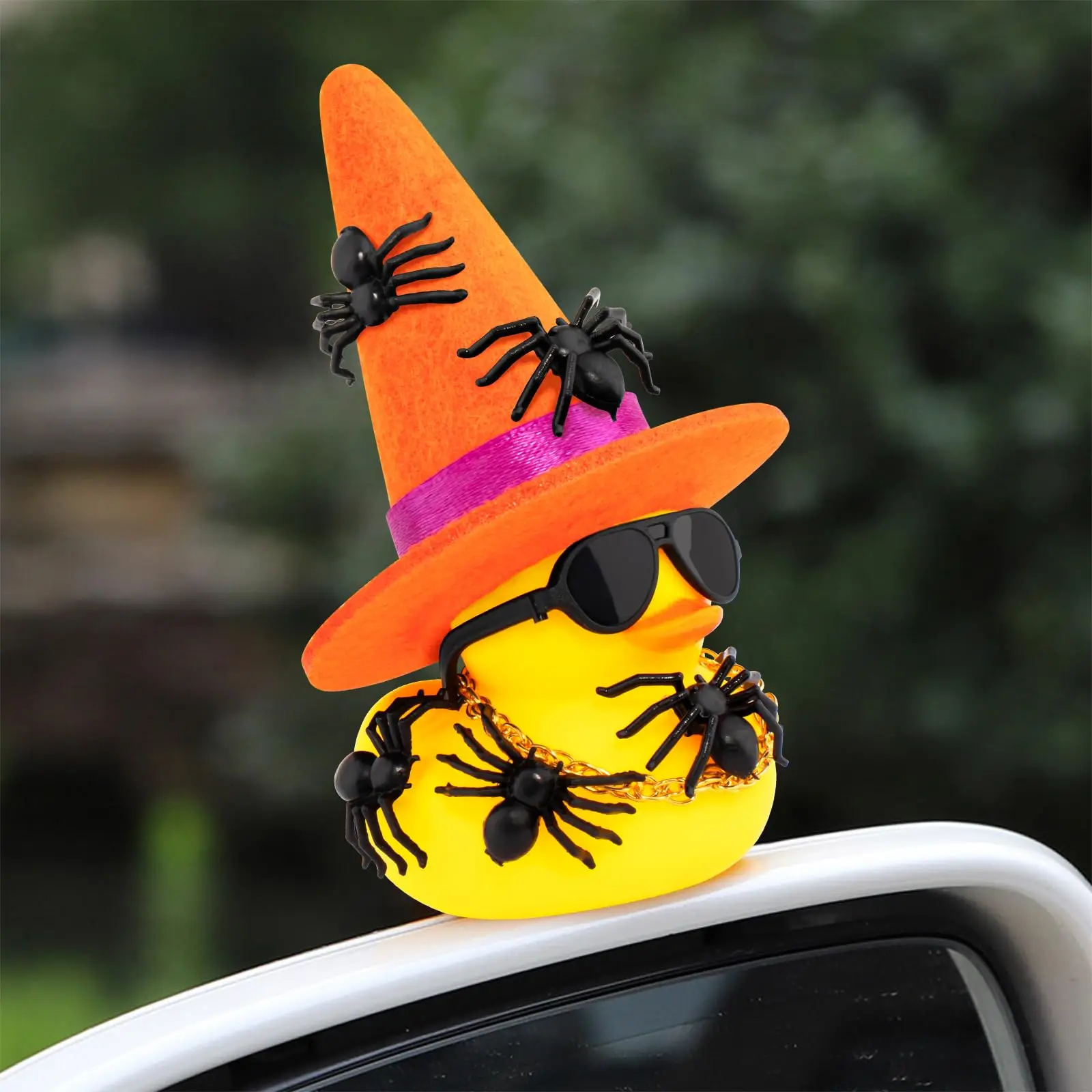 Car Dashboard Spider Cowboy Rubber Ducks for Halloween, Decorations Duck for Office Desk Ornament Accessories with Hat Glasses