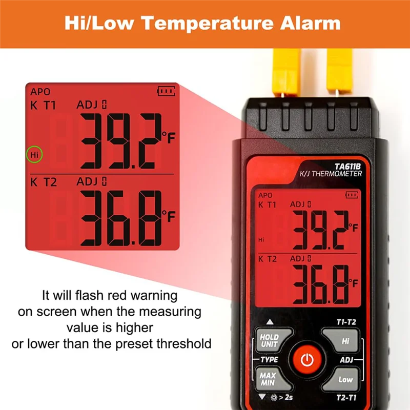 A88E-디지털 열전대 온도계 듀얼 채널 K/J 유형 온도계-328-2501 ℉   광범위 산업용 HVAC 온도 측정기