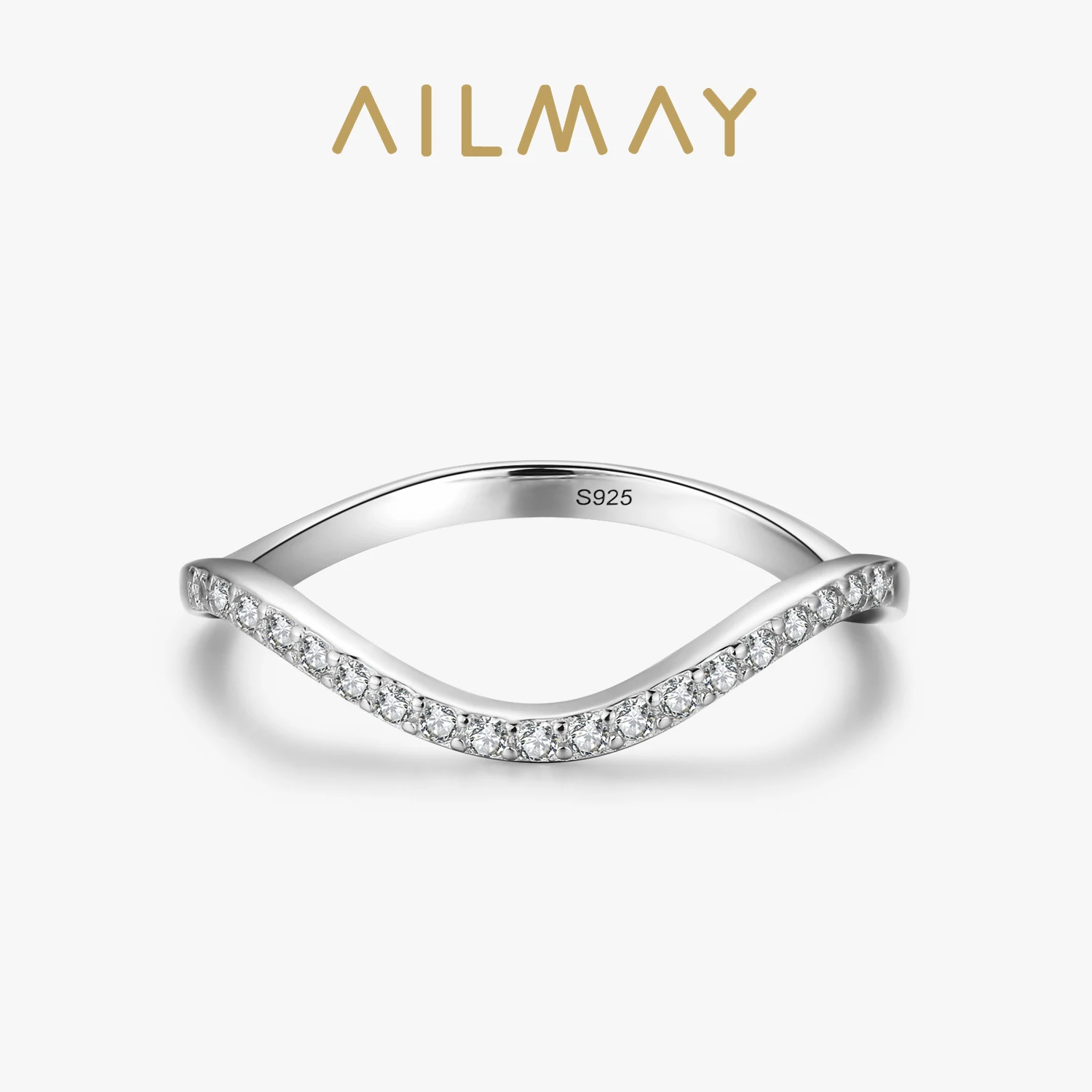 Ailmay Fashion Wave Ring Genuine 925 Sterling Silver Geometri Stackable Clear CZ Rings For Women Girls Party Accessories Jewelry