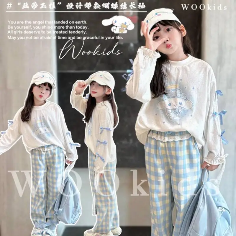 

Sanrio Cinnamoroll комплект свитшотов с длинными рукавами для девочек с героями мультфильмов Kawaii аниме, детские повседневные брюки в клетку среднего размера, новые милые