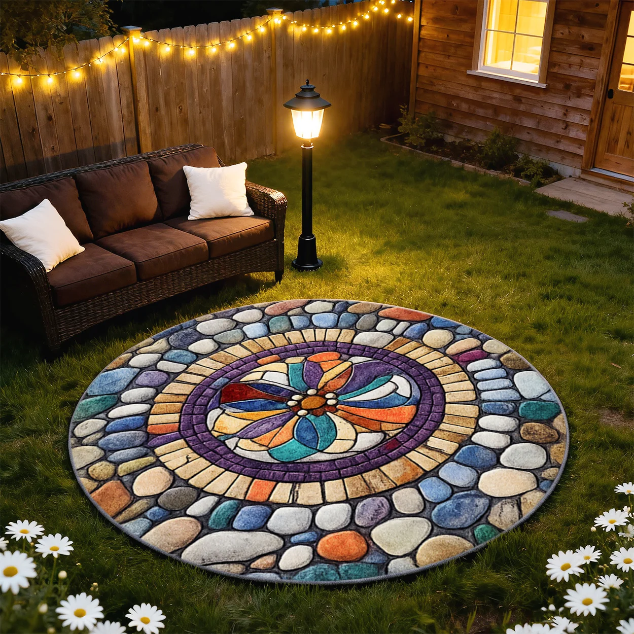 Mandala Mosaic Grid Circular Area Rug 2D Optical Illusion Stained Glass Round Mat  Soft Decor Rug for Living Room  Carpet