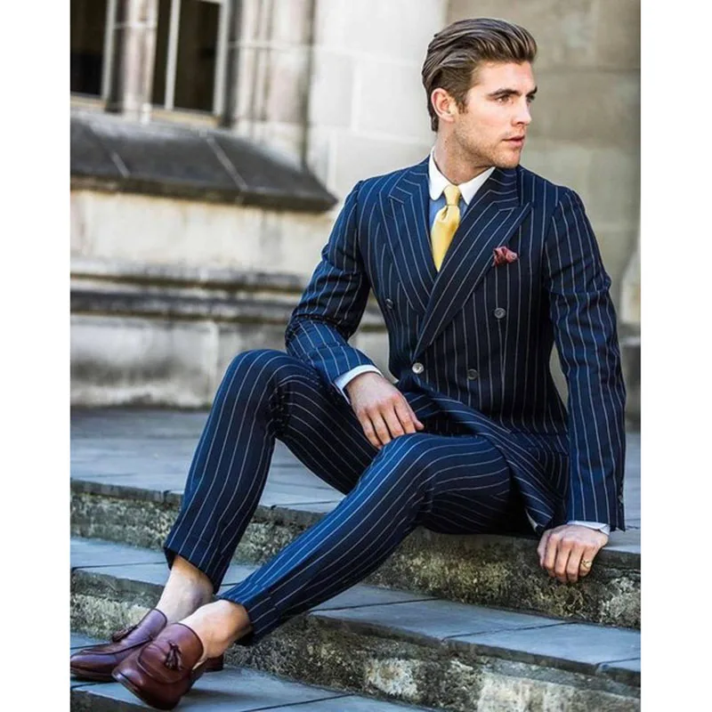 

Classic Navy Blue Striped Men's Suits Slim Fit Business Blazer Double Breasted Wedding Groom Tuxedos 2 Piece Set Terno Masculino