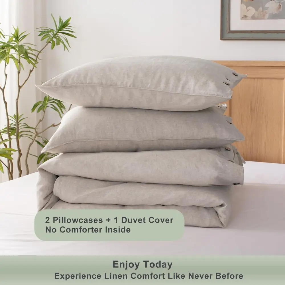 طقم غطاء لحاف كوين مقاس 100% مع كيس وسادتين، زر إغلاق، مفروشات ناعمة وجيدة التهوية على طراز المزرعة باللون الطبيعي L #6