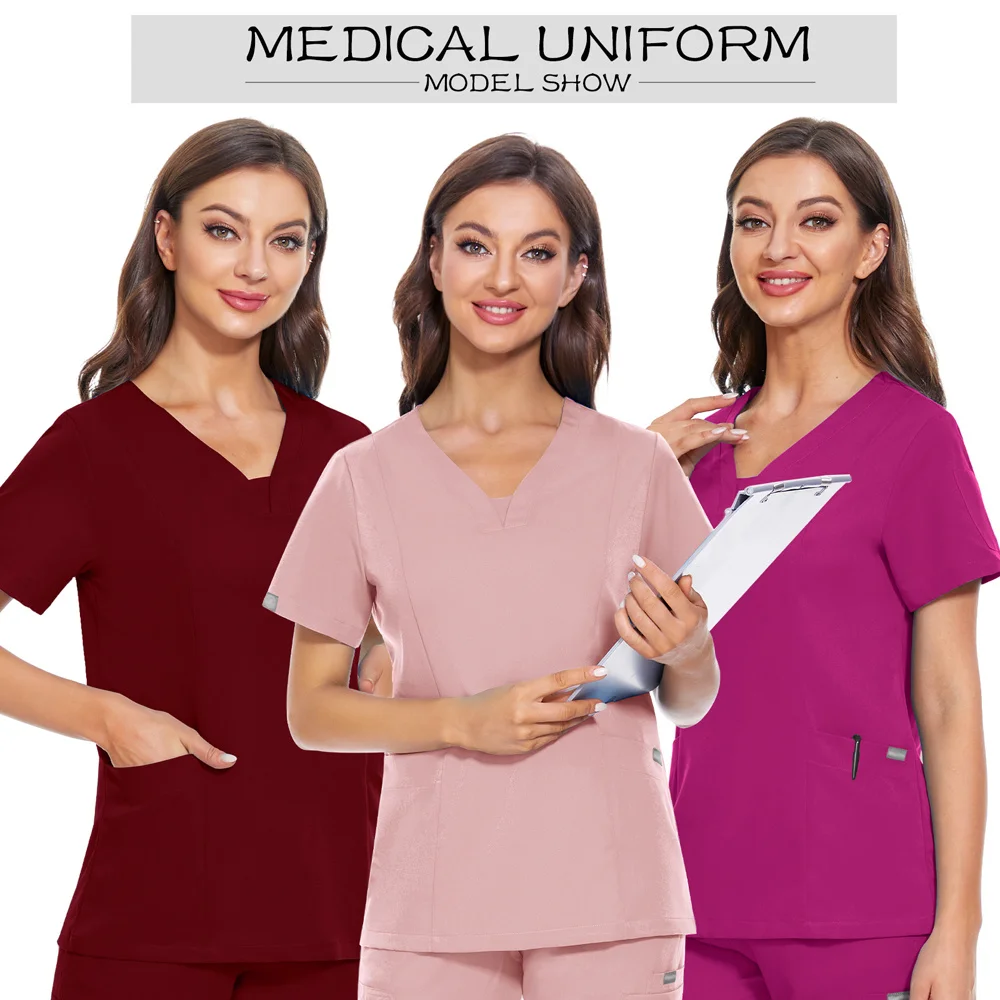 Dentist Scrubs Tops Nurse Uniform Women Short Sleeve Scrub Shirts Jogger Blouse Hotel Workwear Shirts Doctor Nursing Clothes