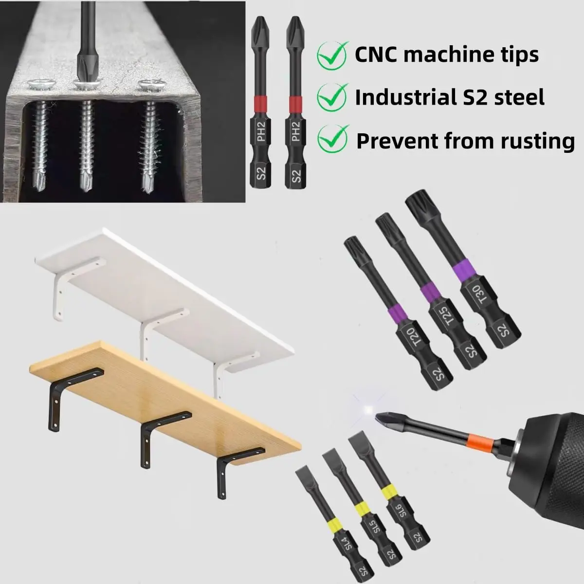 Rafford 15-Piece Strong Magnetic Non-Slip Impact Drill Bit Set, 2 Inches Long, Suitable for Impact Drivers and Cordless Drills