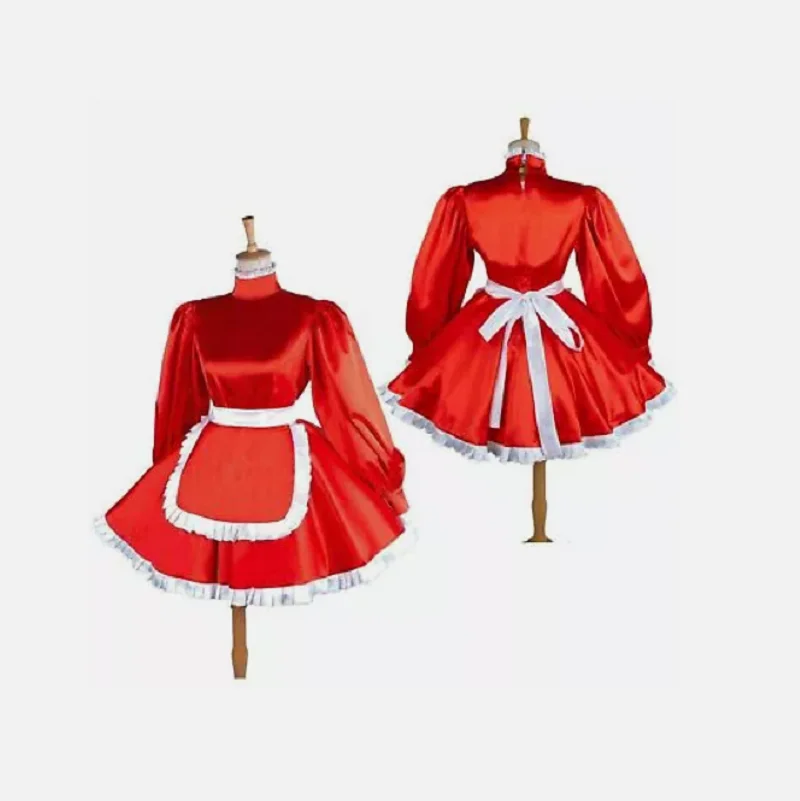 Sissy maid Lockable Red Satin dress cosplay costume Tailor-made