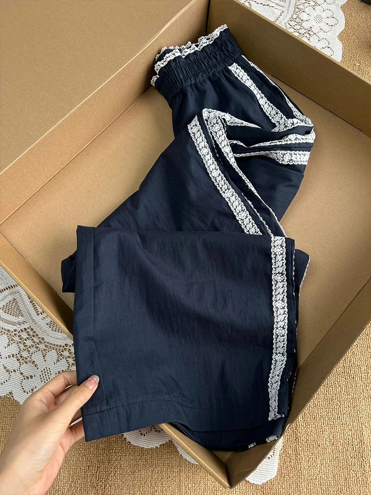 

Korean Sle High Waist Stripe Lace Patchwork Sports Wide Leg Pants Thin Summer Casual Trousers for Women Commute Sle