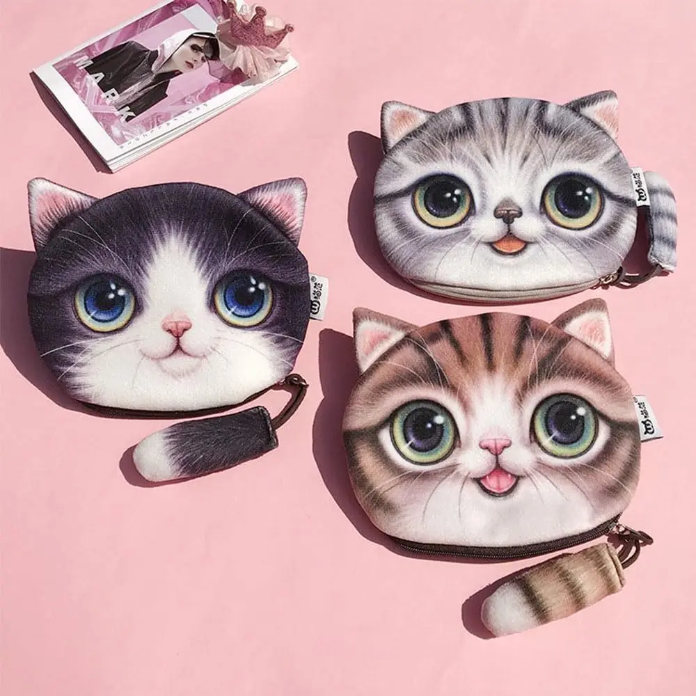 Cute Plush Cat Face Coin Purse Soft Animal Coin Pouch Cat Tail Design Phone Bag Woman