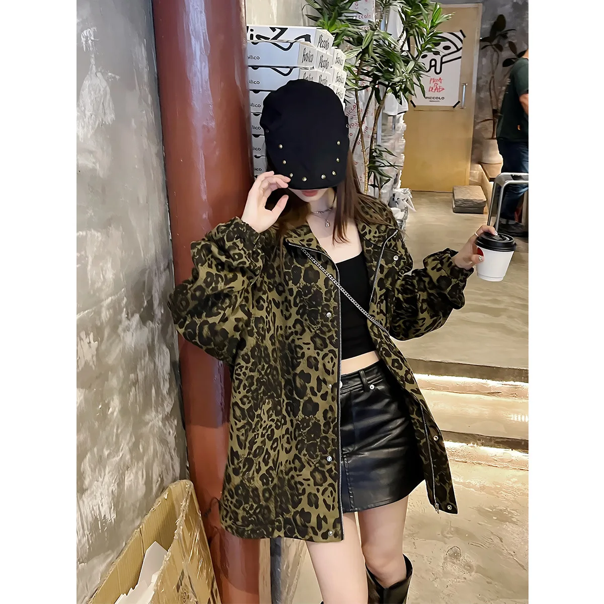 Vintage Leopard Jackets Zipper Coat Streetwear 2024 Harajuku Hip Hop Oversized Jacket Outwear for Women and Men