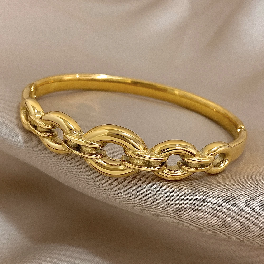 316L Stainless Steel Gold Plated Cuff Bangle Bracelets for Women Hollow Circle Link Geometric Waterproof Wristband Jewelry