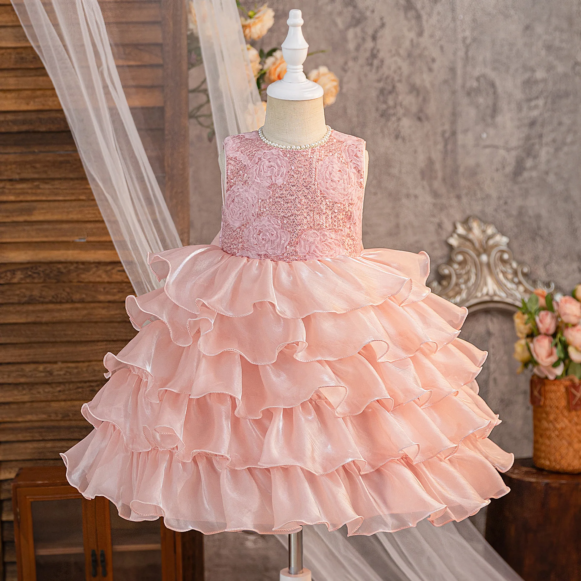 

Elegant Party Dress For Girls Sleeveless Flower Sequins Layered Gown For Kids Wedding Birthday First Communion Festival Dress