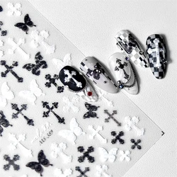 Sexy Woman Black White Lace Butterfly Cross 5D Soft Embossed Relief Self Adhesive Nail Art Decoration Sticker Manicure DIY Decal
