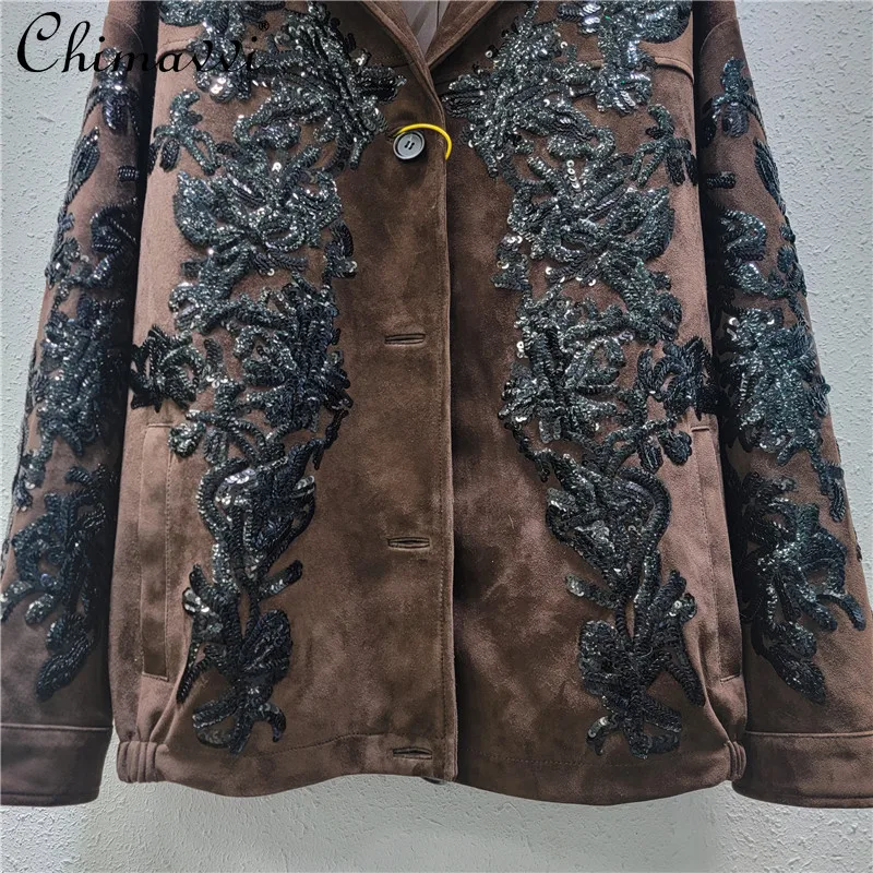 Brown Top Women\'s 2024 Autumn and Winter New Heavy Industry Sequined Embroidered Locomotive Suit Deerskin Velvet Jackets Coat