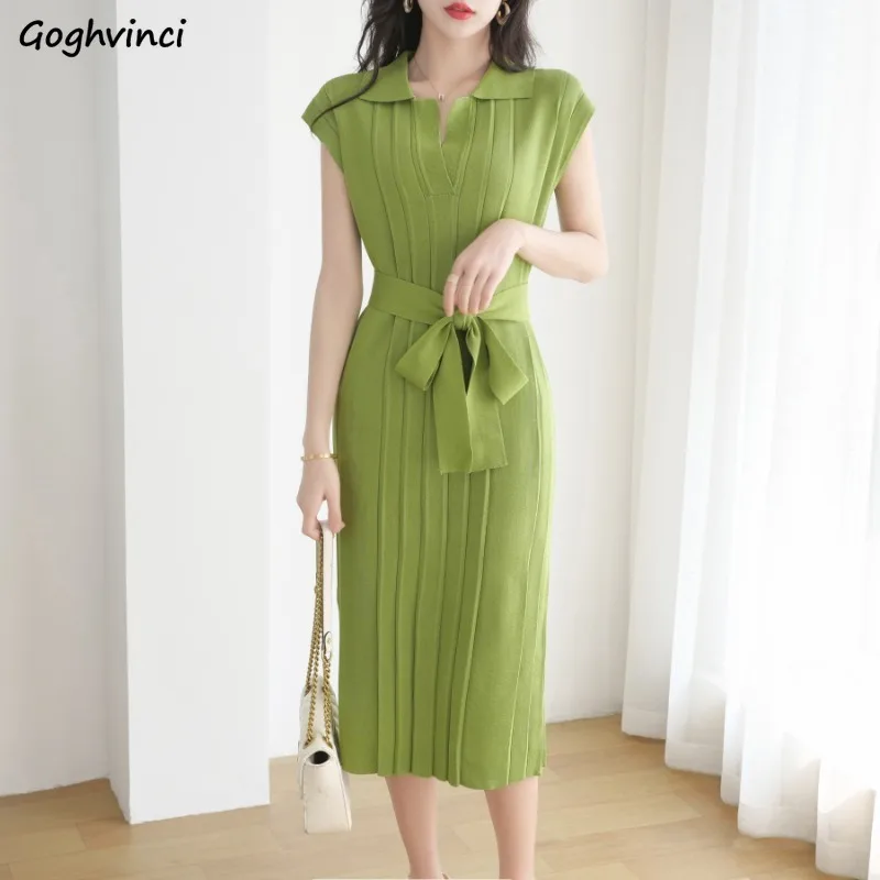 Dresses Women Loose Fit Turn-down Collar Temper Knitted Mid-length Bandage Vestidos Classy Korean Fashion Chic Solid Summer Ins