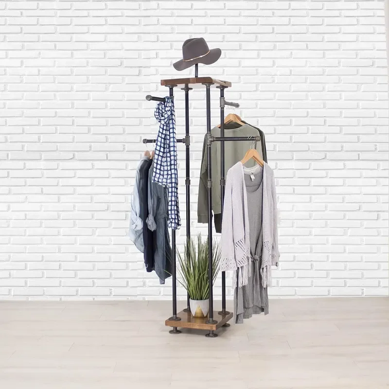 Industrial Pipe and Wood Clothes Rack 4 Way Garment Rack Clothing Rack Closet Organizer Clothing Storage and Display
