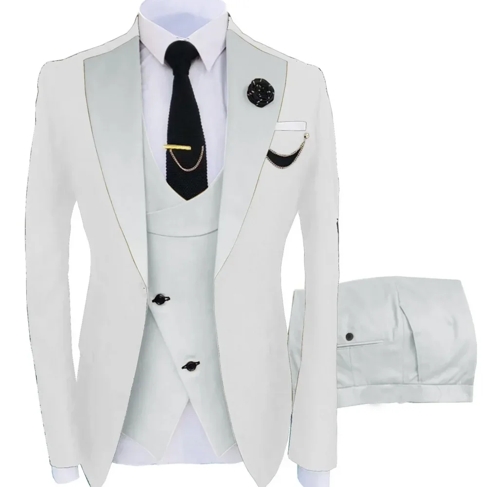 

New White Men Suits 3 Piece Jacket Pants Vest Single Breasted Notch Lapel Formal Wedding Blazer High Quality Costume Homme