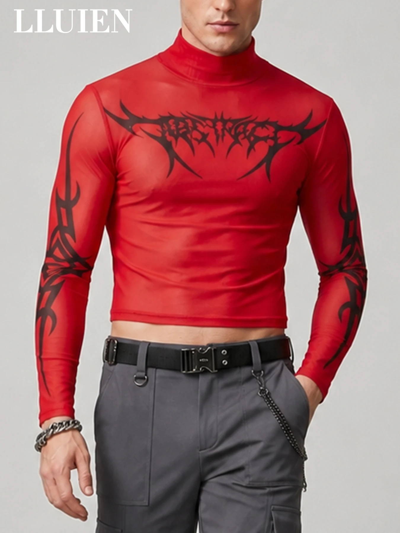 LLUIEN 2026 Neues Modisches Herren Crop-Top Langarm Rollkragen-Shirt mit Aufdruck 100% Polyester Nachtclub Mesh Enganliegendes T-Shirt – Detail 12