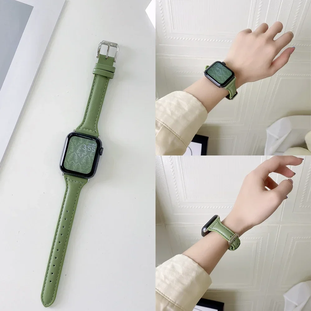 Тонкий кожаный ремешок для Apple Watch Band 45 мм Ultra 2 49 мм 38 мм 42 мм 41 мм 44 мм 40 мм женский браслет iwatch Series 9 4 5 SE 6 7 8 3