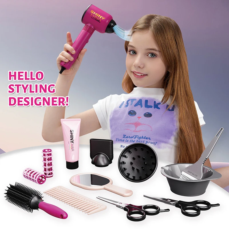 Hair Styling Play Set for Girls – Hair Clips, Mirror, Comb, Hairdryer, Hair Dye Tools – Role-Playing Kit for Ages 3+