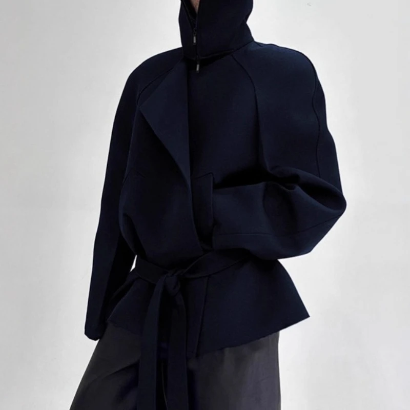 

French Chic Blue Woolen Jacket Women's 2025 Winter New High-end Loose Lace-up Stand-up Collar Coat Women's Clothing