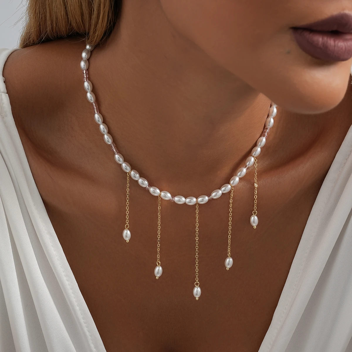 Retro Crystal Rice Beads Pendant Necklace for Women Trendy Ladies Party Banquet Gift 2023 Fashion Jewelry Wholesale Direct Sales