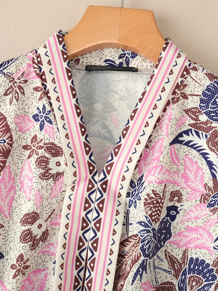 เสื้อผู้หญิงลายดอกไม้ฤดูใบไม้ร่วง ZANZEA คอวี แขนสามส่วน ทรงหลวม โอเวอร์ไซส์ สไตล์โบฮีเมียน เหมาะสำหรับวันพักผ่อนชายหาด ไซส์ 3XL