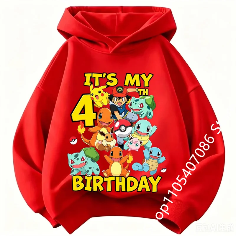 2026 Autumn and winter Pikachu Kids Pure hoodie  Unisex Boys Girls 4-14Y Casual Birthday 1-9 number Top