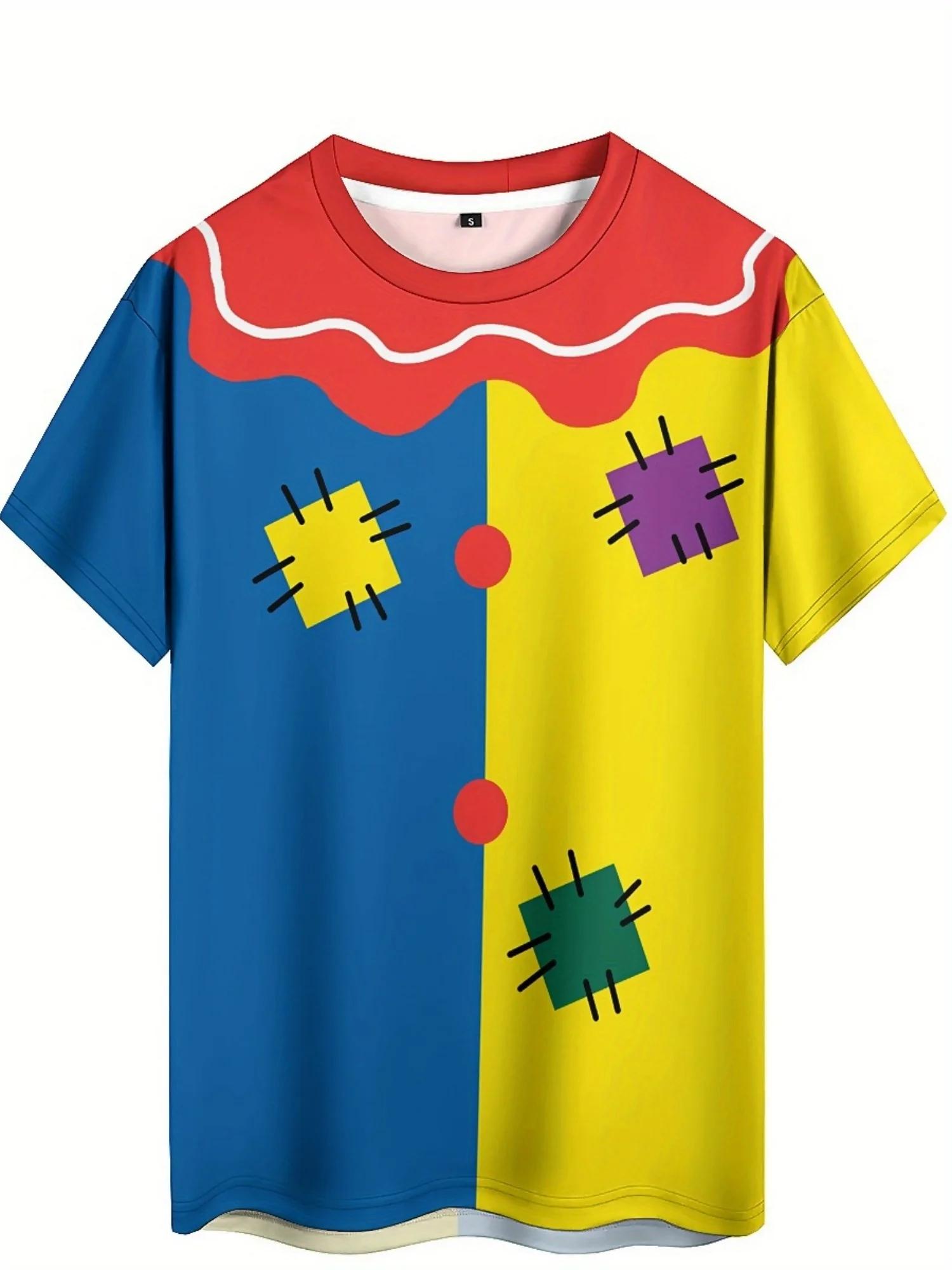 This 3D Print T-Shirt Features a Creative Clown Design with a Colorful Pattern, Complete with a Fake Bow Tie