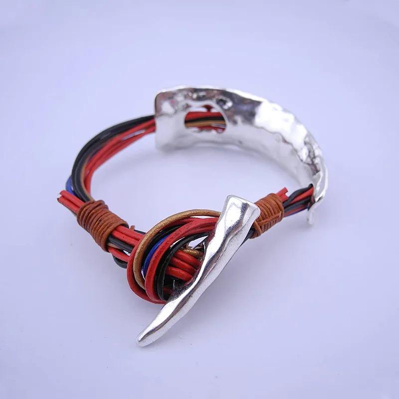 3 Sets Alloy Hammered Big Size Half Cuff Bangles For Multi Strand Leather Wrap Wrist Band Bracelet