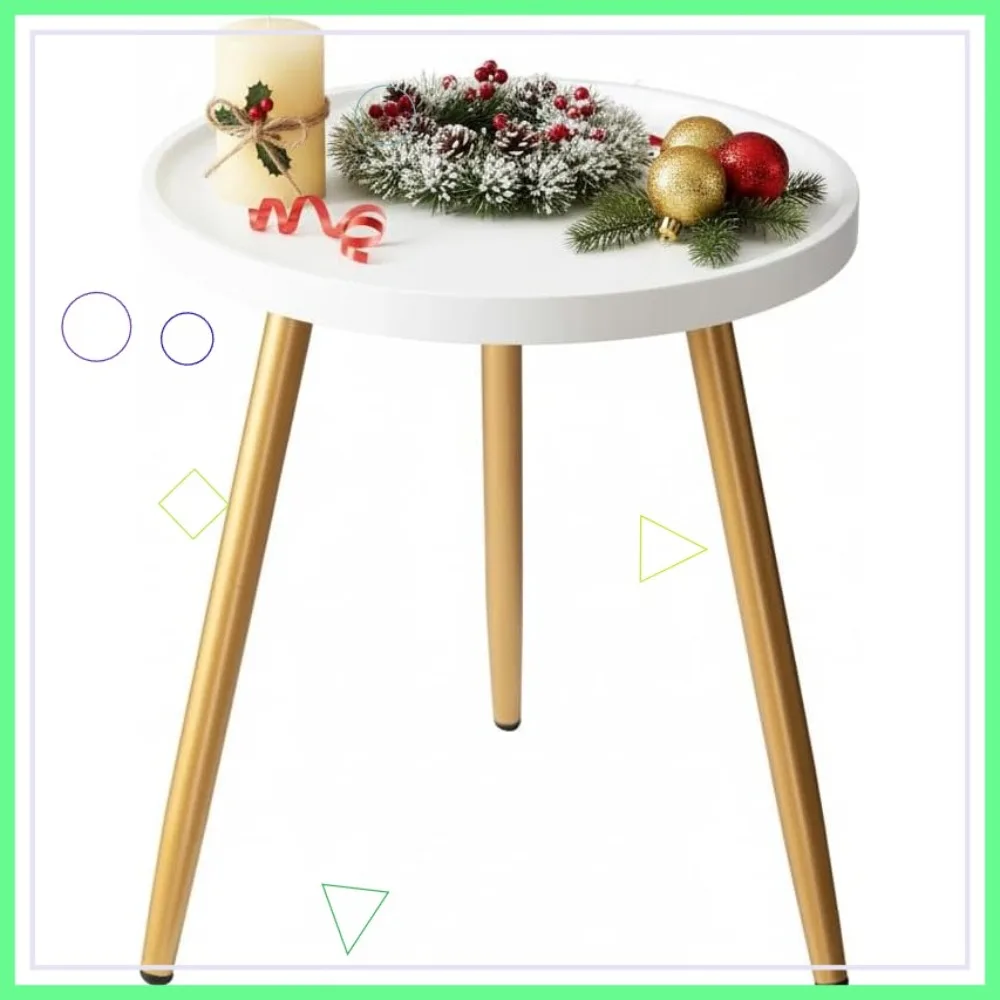 

Metal Legged Mini Table with Wooden Tray, Small Round End Table for Living Room, Bedroom, Nursery in White & Gold