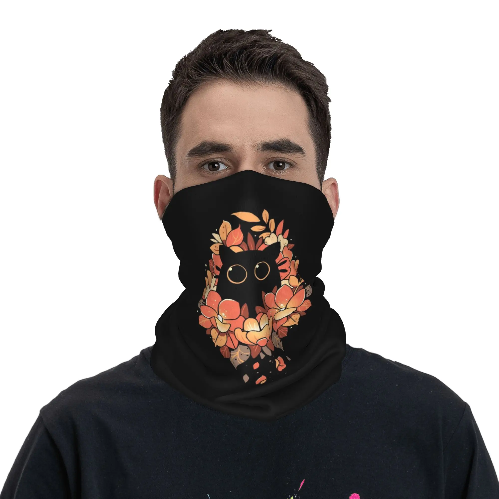 Cartoon Black Cat Fall Leaves Bandana Neck Gaiter Printed Magic Scarf Multi-use Face Mask Hiking Fishing For Men Women Adult