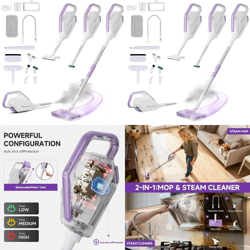 

Мощный ручной пароочиститель 1300 Вт со съемным резервуаром 350 мл, 11 насадками, кабелем питания 7 м для пола, плитки, окон, кафеля