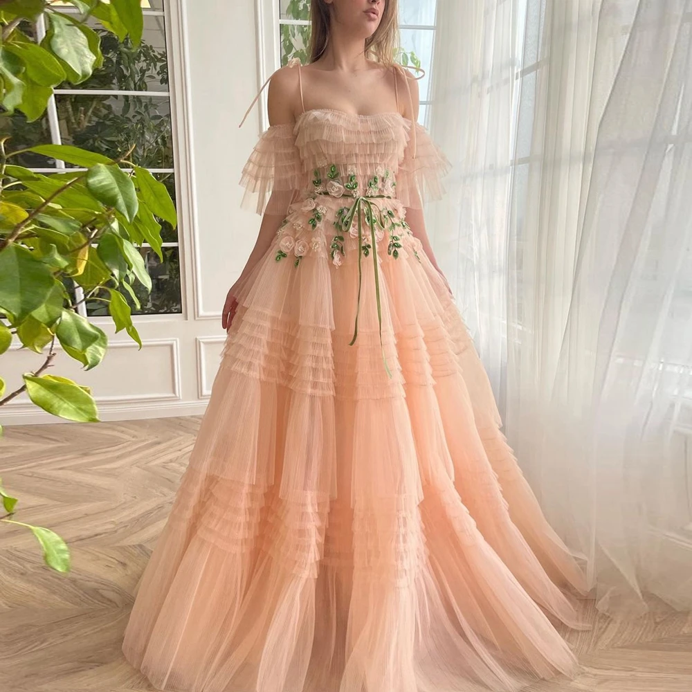 Dreamlike Nude Mesh Prom Dresses Spaghetti Strap Ruffles Tiered Tulle Evening Party Dress Puffy Long Mesh Formal Pageant Gowns