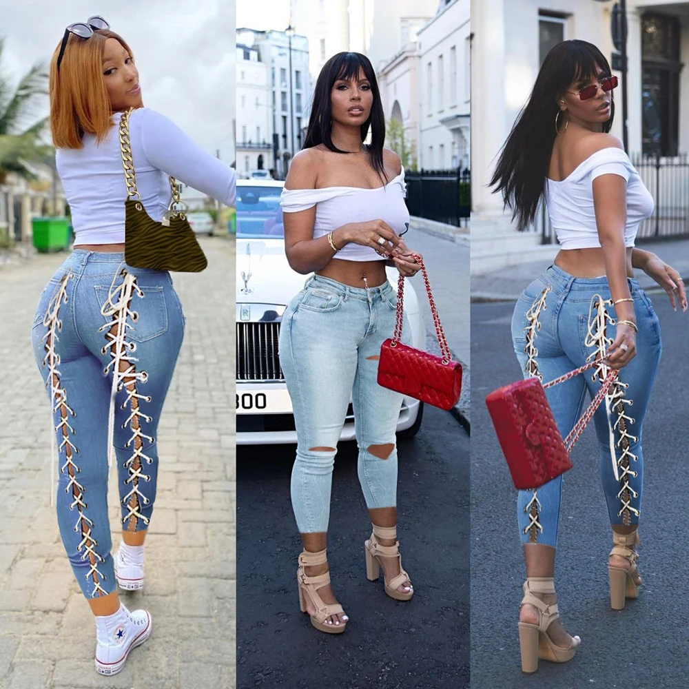 Streetwear 2024 y2k Korean Women mom Jeans High Waits Bandage Sexy Jeans Women Clothing Fashion Ripped Hole Outfits Trousers