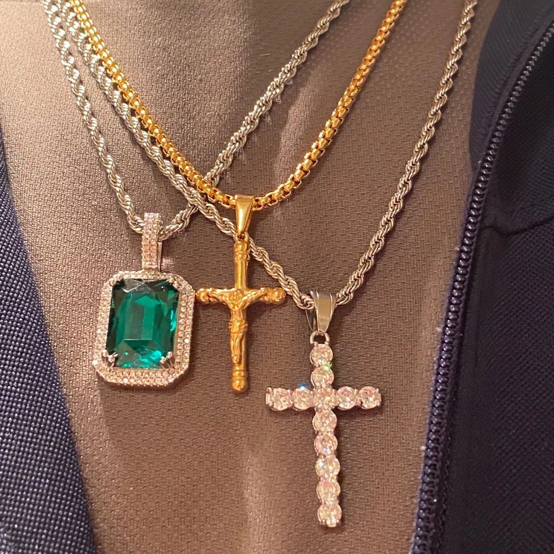 Hip Hop Iced Out Pendant Necklaces for Men Luxury Shiny Colorful Zirconia Stainless Steel Rope Chain on Neck Rapper Jewelry
