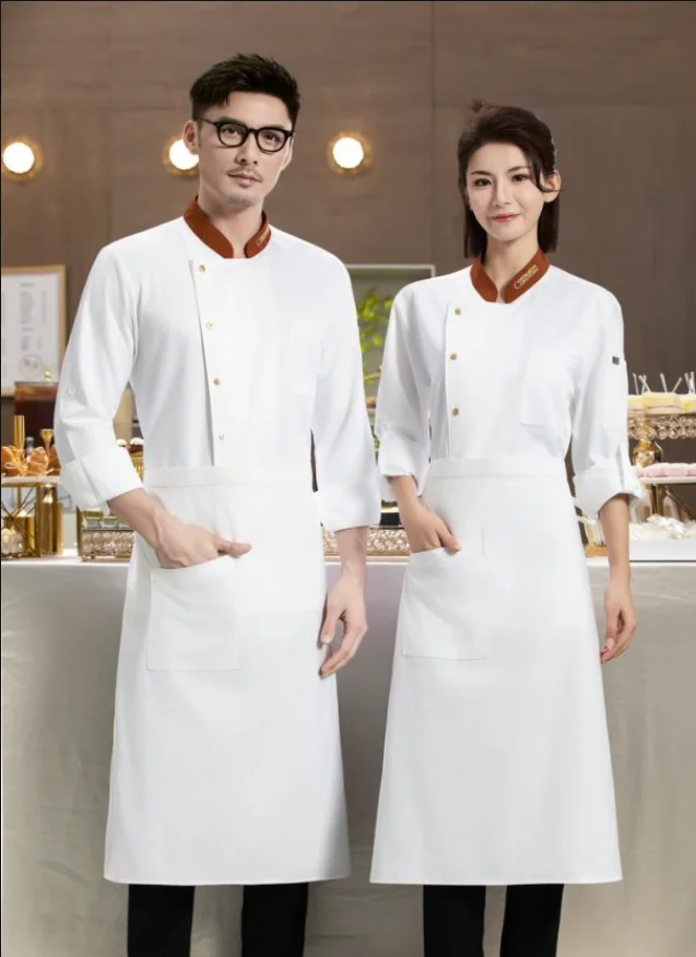 Chaqueta de Chef blanca de manga larga, uniforme de Chef de restaurante, camiseta de Chef, uniforme de trabajo de panadero, abrigo de cocinero de Hotel, ropa con logotipo para mujer