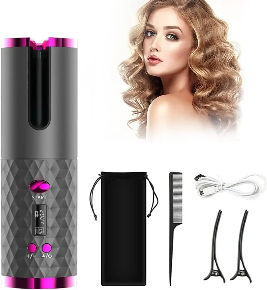 

LED Display Temperature Unbound Cordless Auto Rotating Ceramic Hair Curler Automatic Curling Iron USB Rechargeable Wave Curler