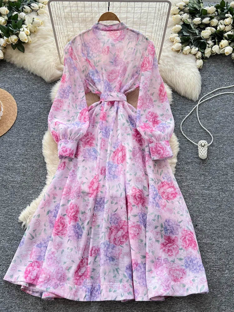 Długa spódnica damska z wiązaniem w talii, jesienna, w stylu dworskim, zapinana na jeden guzik, wyszczuplająca, z nadrukiem, o kroju litery A, z wysokim stanem, z włókna poliestrowego.