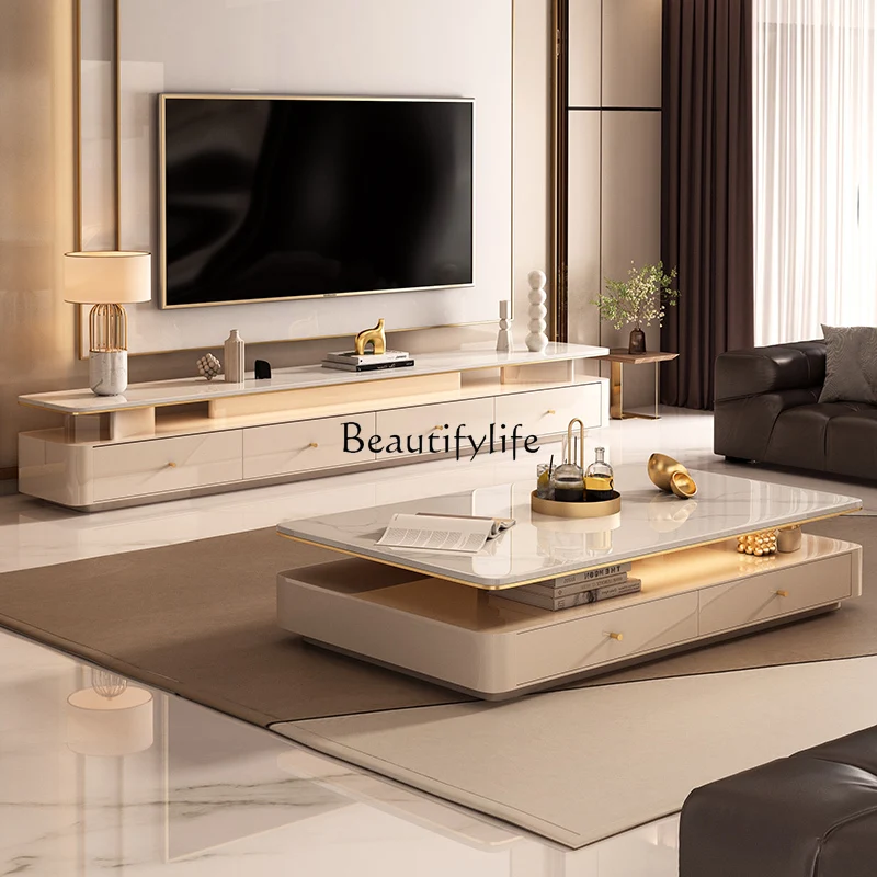 

Light Luxury Coffee Table TV Cabinet Combination Creative Advanced Design Sense Stone Plate Tea Table