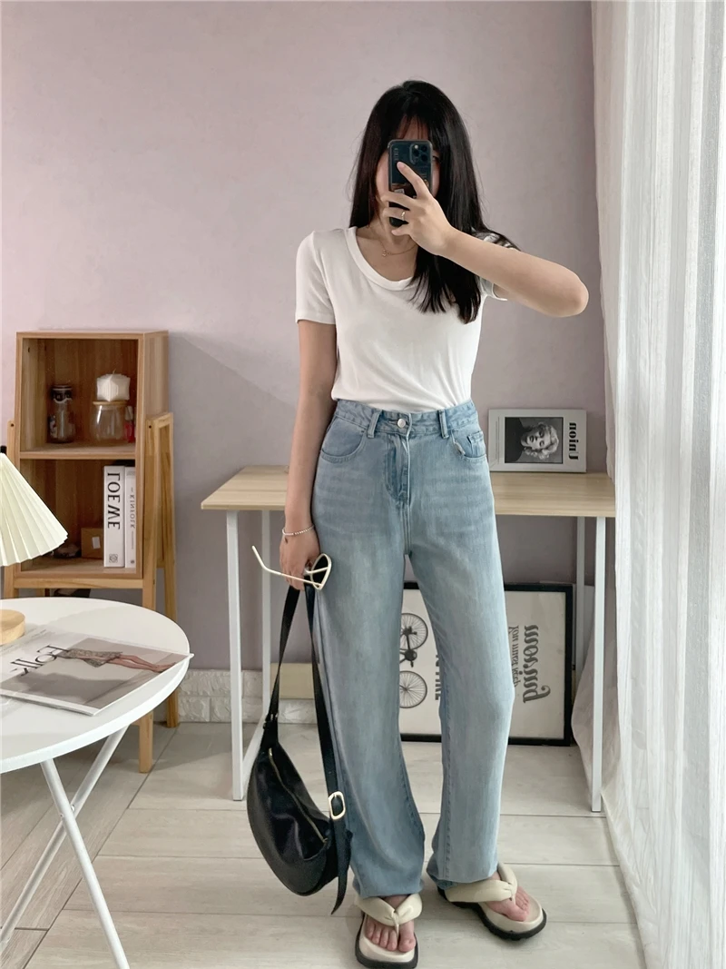 

SA Little Tree 2026 Summer Ultra Cool Lyocell Denim High Waist Straight Leg Slimming Wide Leg Pants Women's Jeans