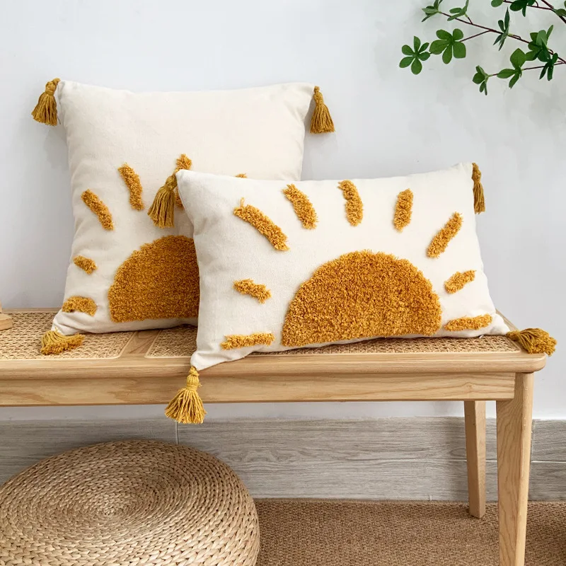 Sun Tufted Cushion Cover Cotton Canvas Decorative Pillows for Sofa 45*45/30*50cm Living Room Sofa Bedside Pillow Covers Decor
