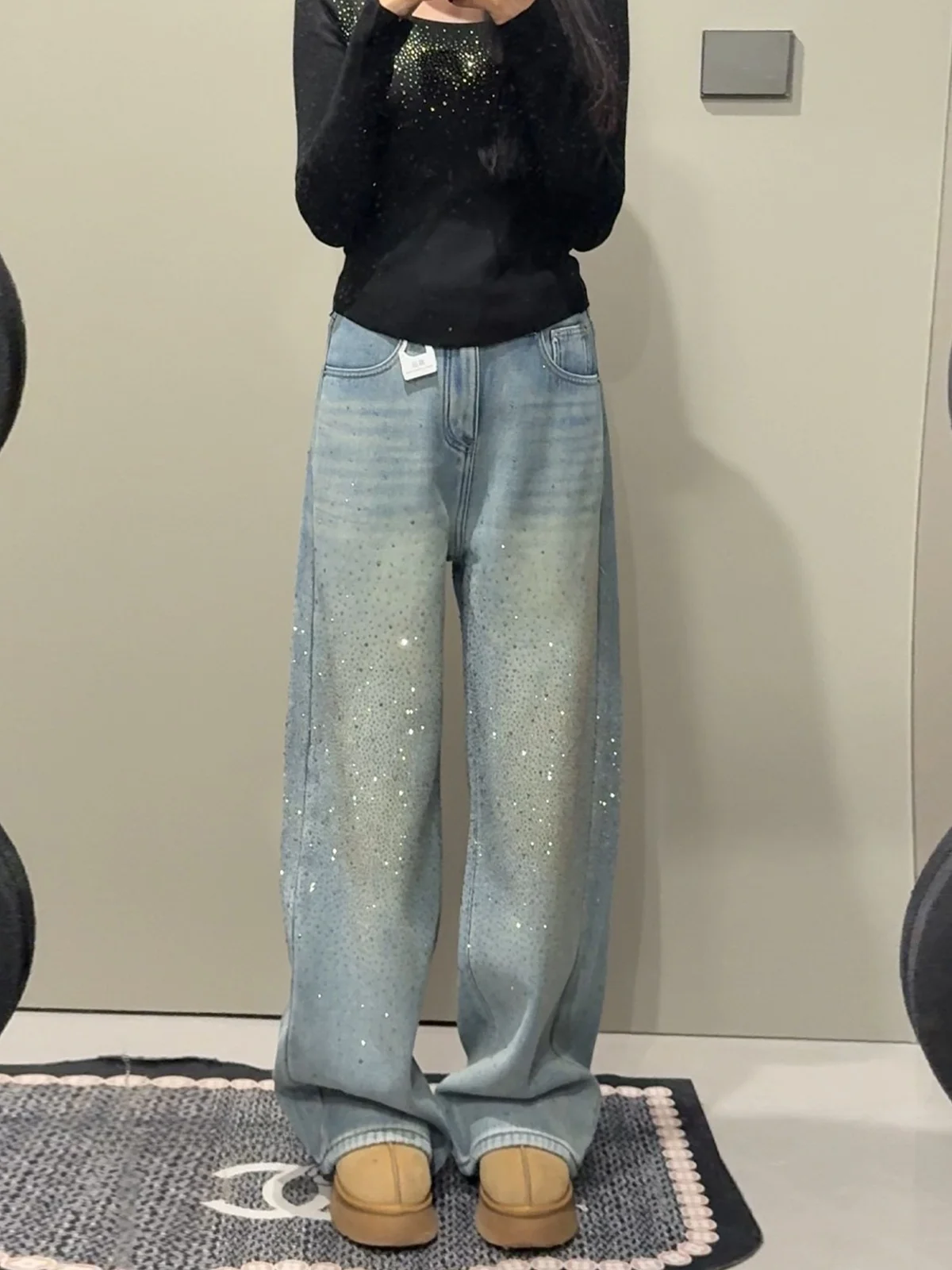 

Blue Slim Fit Rhinestone Straight Leg Jeans Women's High Waist Loose Slimming Wide Leg Pants Spring New Sle Hot S