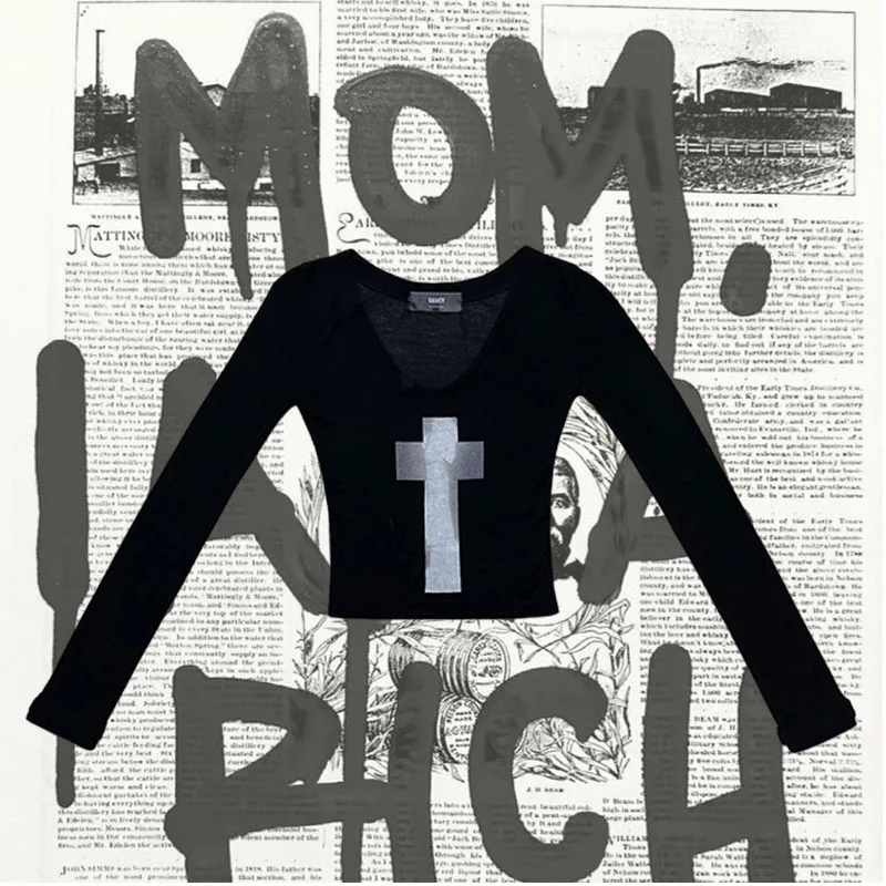 Уличная одежда в готическом стиле в стиле ретро, женская футболка с длинными рукавами, сексуальный облегающий модный повседневный топ с открытыми плечами и геометрическим принтом, одежда Y2K