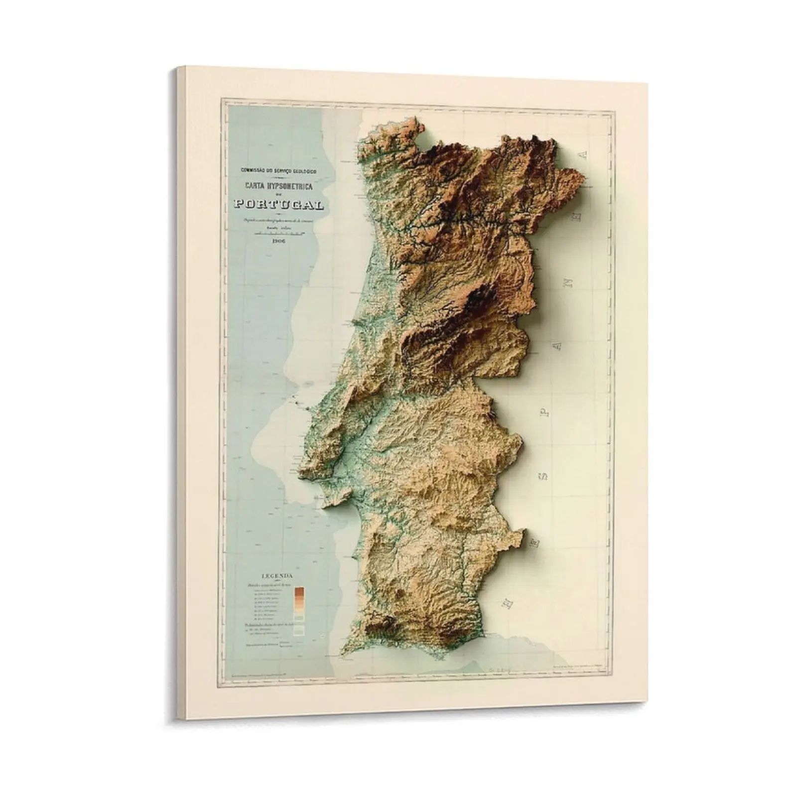 

1906 Portugal Relief Map 3D Digitally Rendered Canvas Painting Create Create Plaques Plaques Home Framed Wall Paintings