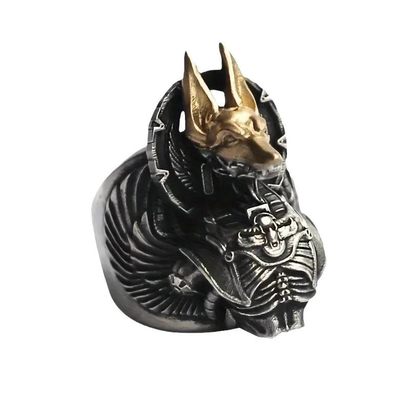 خاتم أنوبيس، قابل للتعديل، يرمز إيمان المستقبل، إله الآلات، خاتم سايبربانك الداكن القوطي للرجال