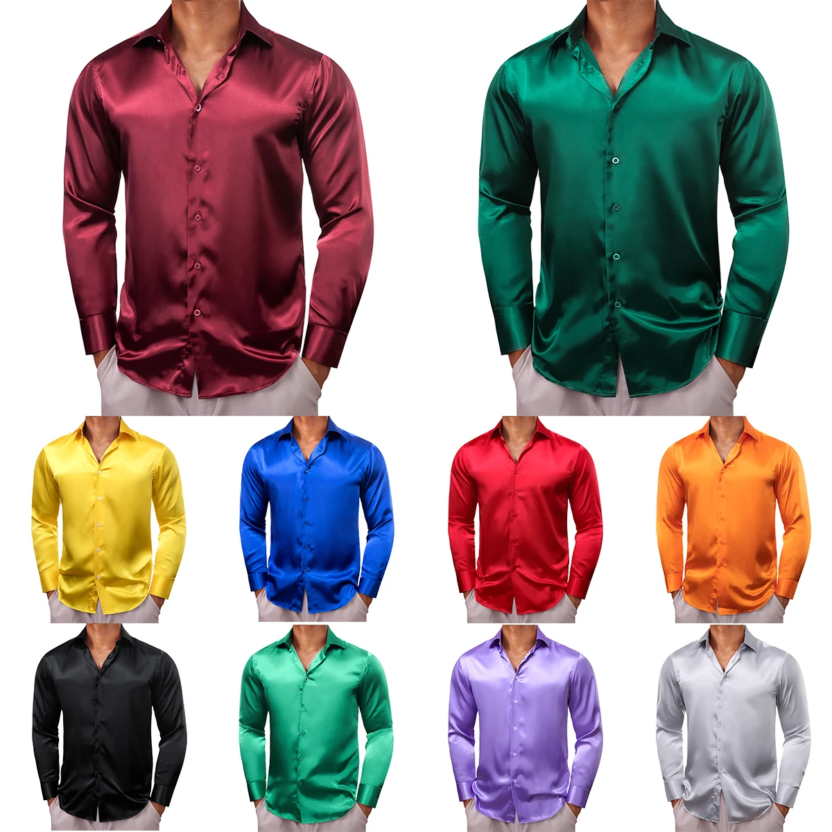 Barry Wang 30 Colors Shirts for Men Long Sleeve Silk Solid Satin Red Blue Green Yellow Gold Purple Silver Male Clothing Casual